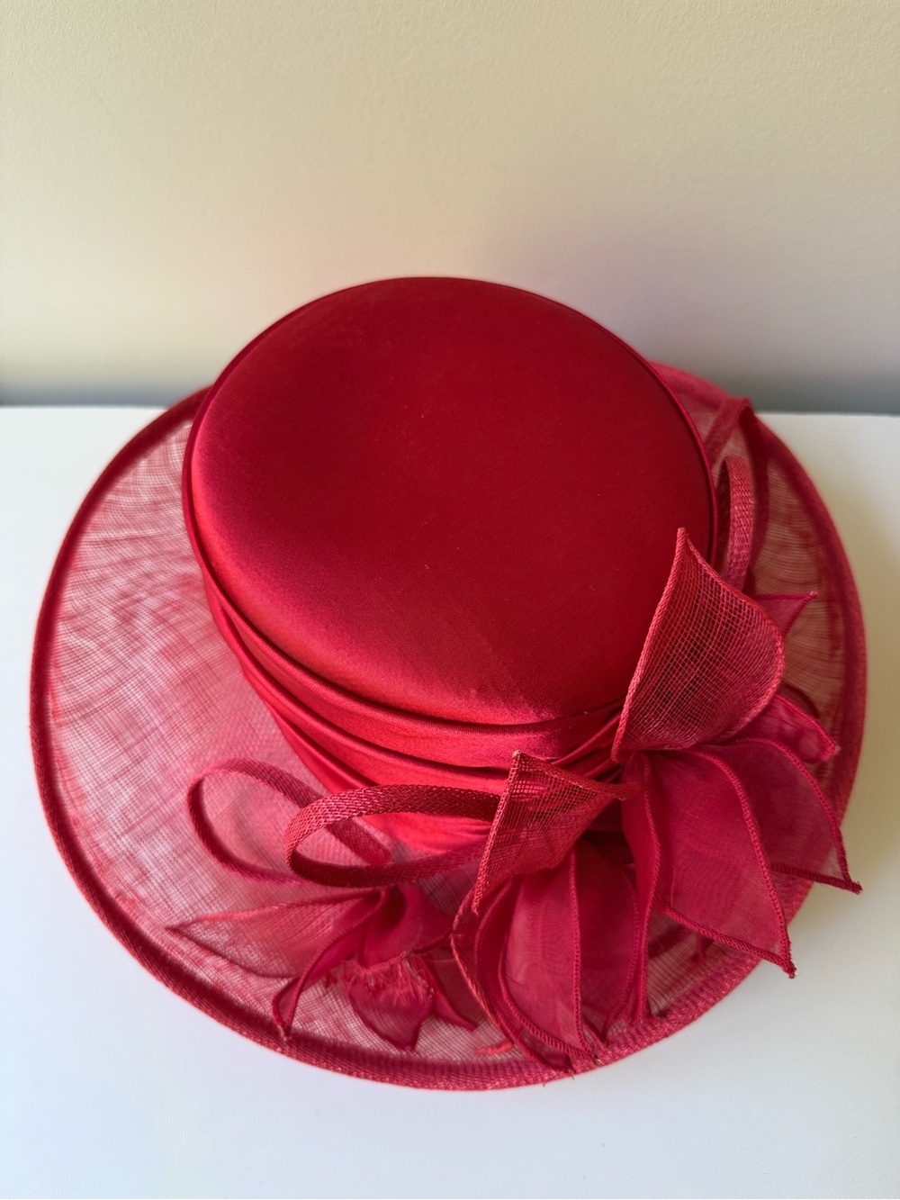 Red Satin Church Hat with Decorative Mesh Flower - Picture 4 of 4